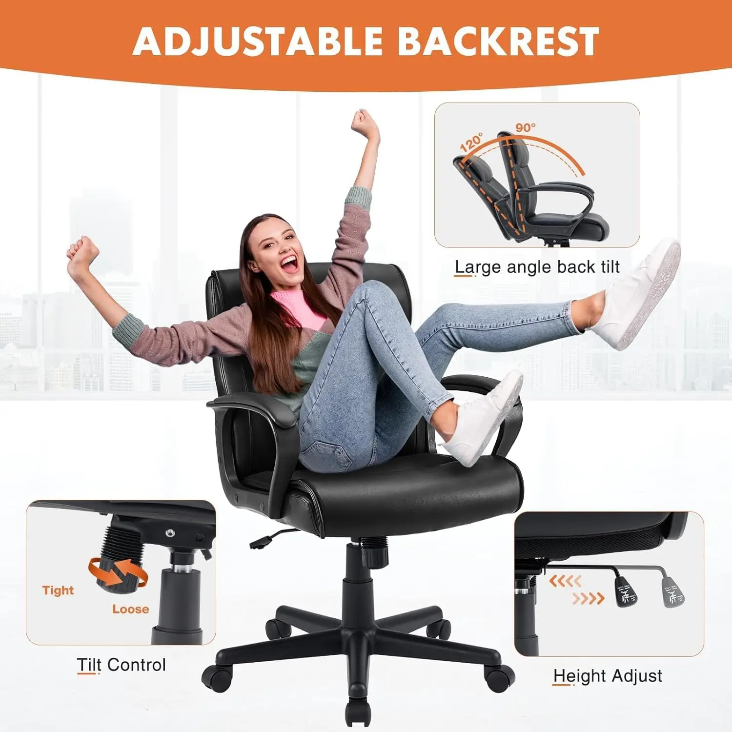

Ergonomic Office Chair Adjustable Height 360° Swivel Rolling Executive Computer Task Chairs With Padded Armrests, Pu Leather