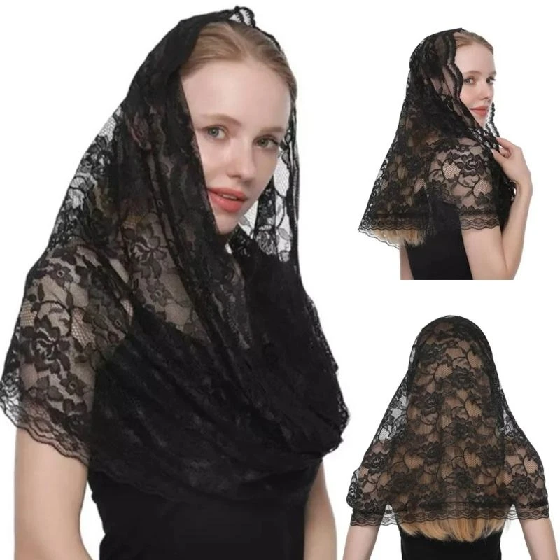 39BC Vintage Lace Flower Veil Latin Mass Headscarf Headcovering Bride Veil Church Veil Elegant Wedding Veil for Bridal Shower