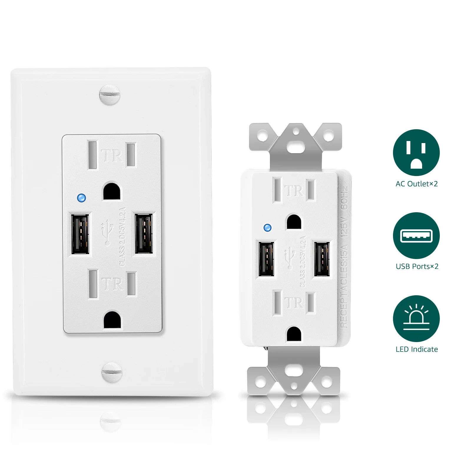 2PK 3.6/4.2A Wall Outlet with Dual USB Ports Tamper Resistant 15Amp Receptacle Charger Compatible for iPhone Samsung Xiaomi