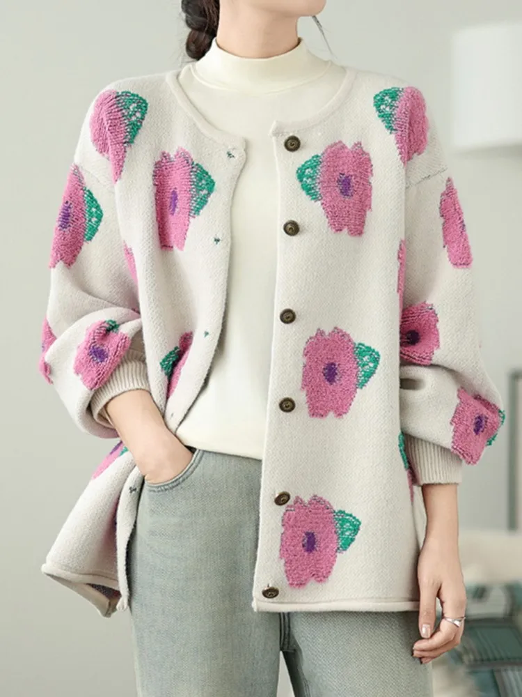 Oversized Flower Floral Print Knitted Autumn Cardigan Women Casual Loose Fashion Ladies Cardigans Long Sleeve Woman Sweater Coat