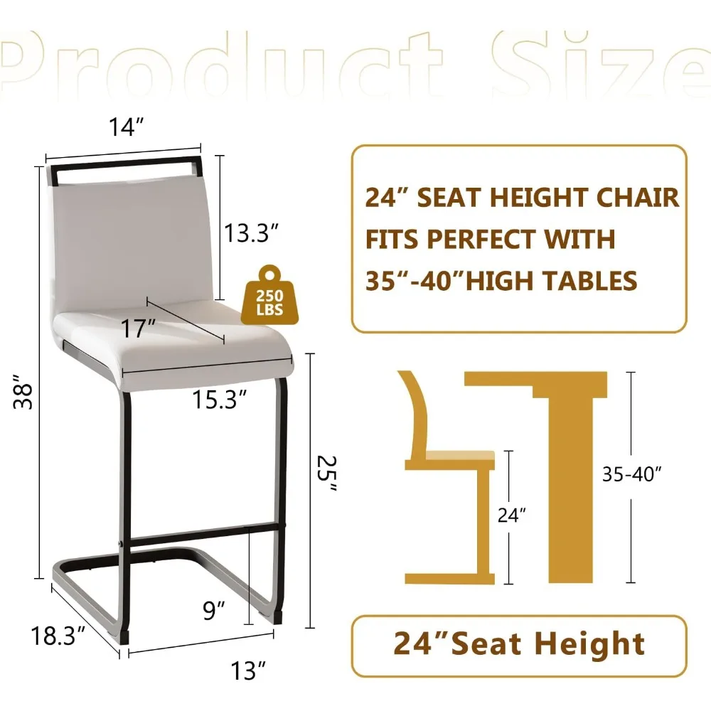 카운터 높이 바 의자 세트, 등받이가 있는 PU 가죽 바 의자, 블랙 페인트 금속 다리 (흰색), 4,25 인치