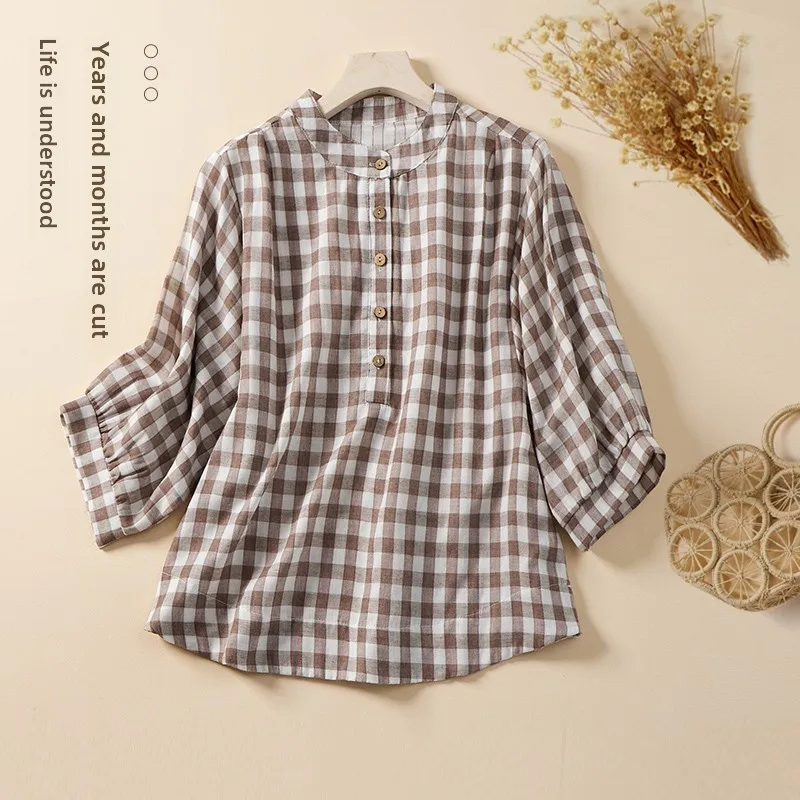 قميص قطني فضفاض للنساء بنقشة مربعات، نصف كم، ياقة عالية، قميص متعدد الاستخدامات للعمل، قميص قطني بنقشة جينغهام بأكمام سبعة أرباع #1