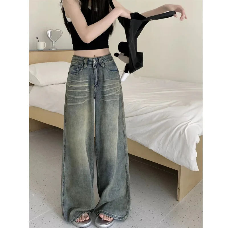 American Retro Washed Wide Leg Jeans Women Loose High Waisted Slimming Height Enhancing Floor Length Casual Straight Long Pants