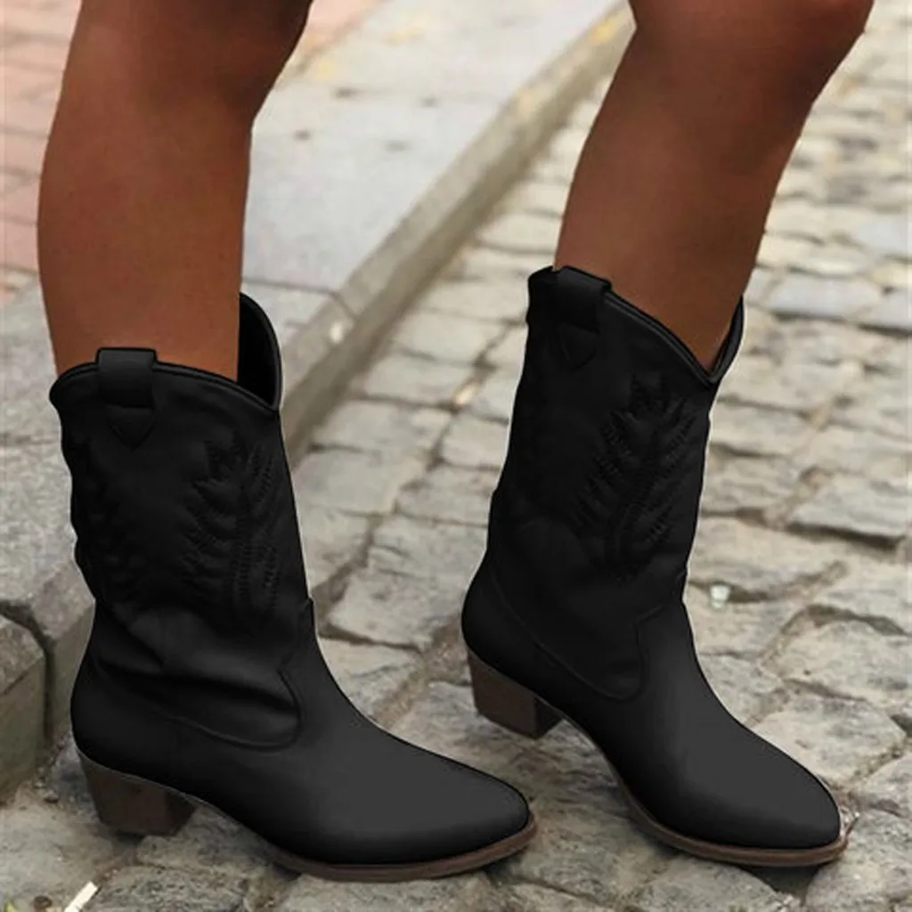 

Fashion Women Round Toe Low-heeled Casual Shoe Western Cowboy Boots Womens Rain Boots Irregular Cropped Lady Winter Warm Boots