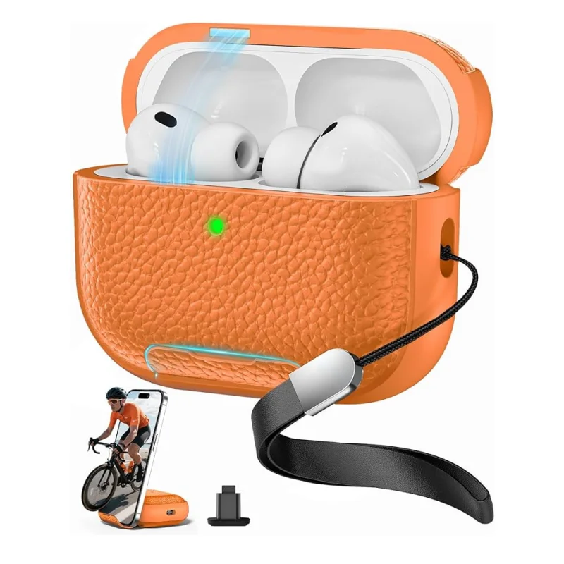 

Luxury Phone Stand Leather-Texture Earphone Cover for Airpods Pro 3 Shockproof Protective Case with Lanyard for Airpods 4