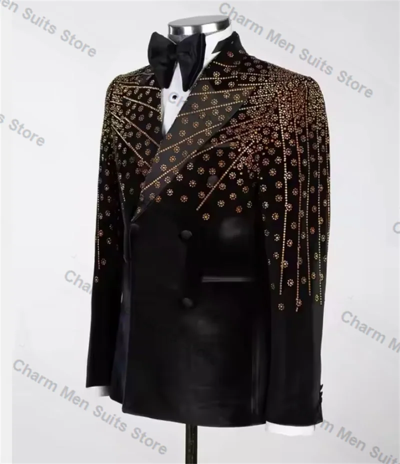 Crystals Men Suits Pants Set 2 Pcs Velvet Blazer+Cotton Trouser Customized Groom Wedding Tuxedo Formal Office Prom Jacket Coat