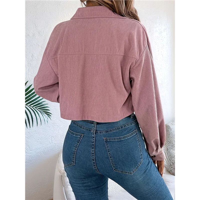 

NEW-Womens Fashion Cropped Shackets Corduroy Button Down Crop Jackets Tops Long Sleeve Shirts Trendy 2025