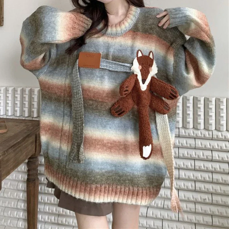 

Retro contrast striped fox decorative plus size loose sweater women's autumn and winter new tribal knitted bottoming shirt