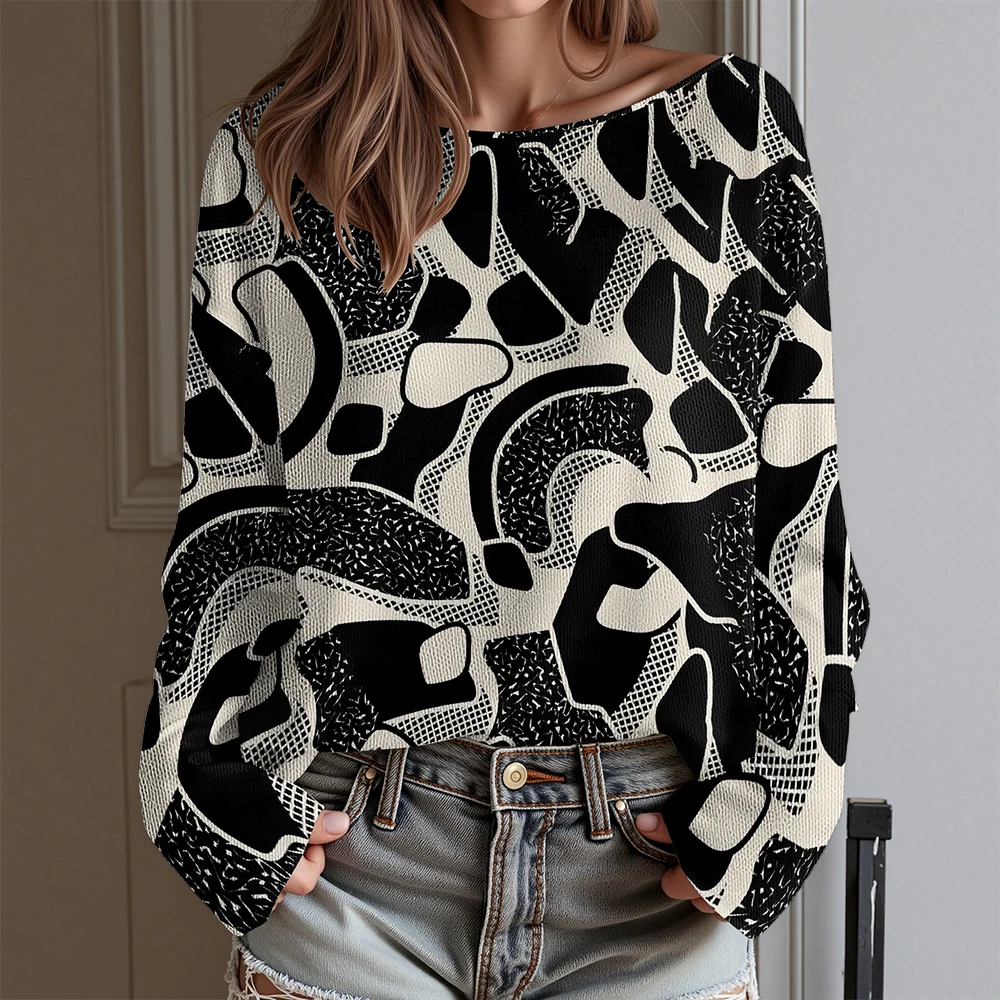 

Stylish Black and White Tribal Print Long Sleeve Shirt Women's Loose Fit Blouse Fashion Geometric Print Outfit for Casual Wear