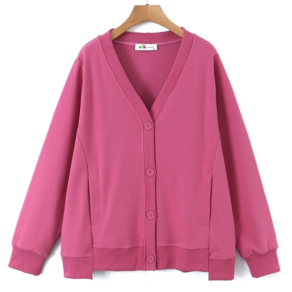 

2023 Autumn Pink Women Plus Size Hoodie Coat Design Casual V-Neck Single-breasted Cardigan Sweatshirt Good Quality Clothes