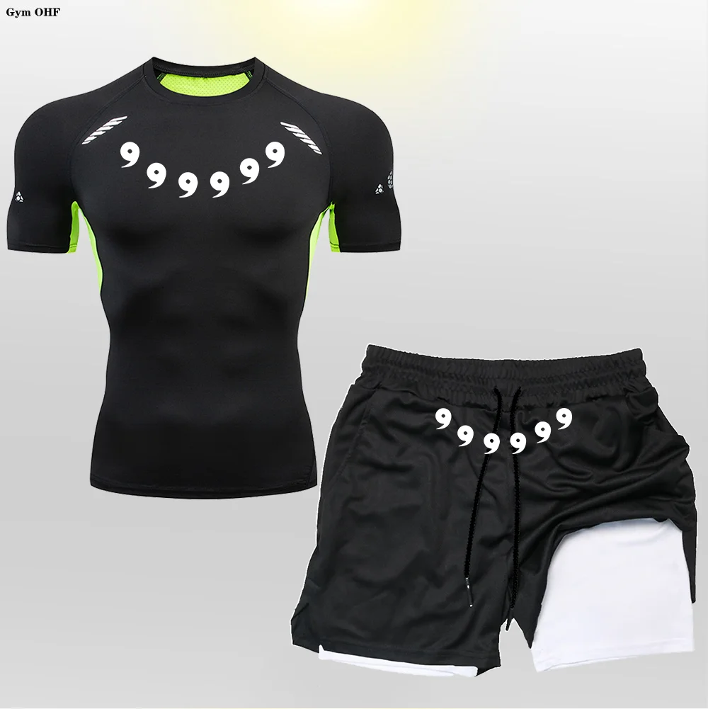 

Anime Men's Compression Shirts Shorts Suit Quick-Dry Short-Sleeved Double-Layer Shorts 2 in 1 Sports Fitness Suit Casual Summer