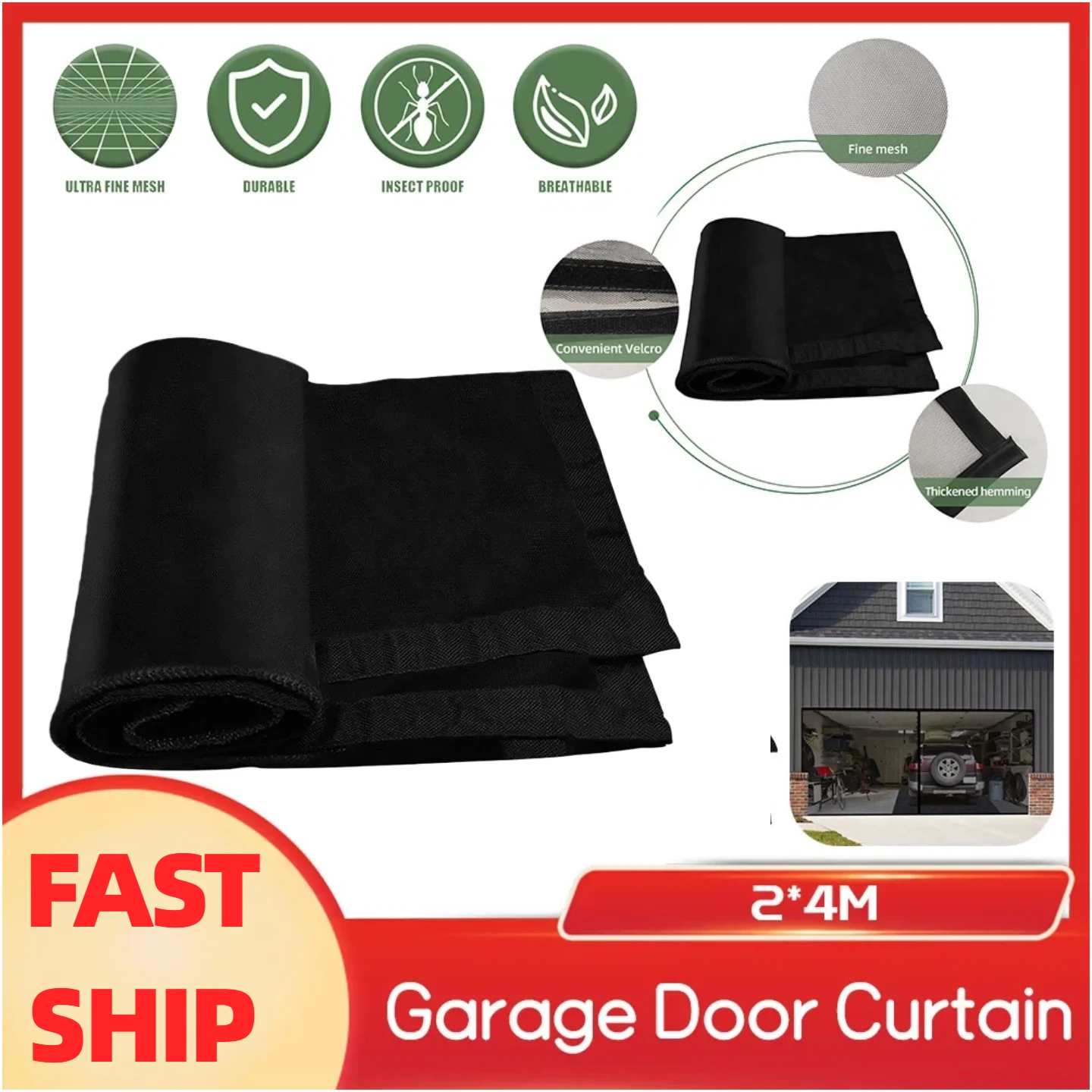 2x4m Frameless Retractable Garage Door Curtain Anti-Bug Insect Mesh Screen Seamless Removable for Balcony Pavilions Outdoor Te