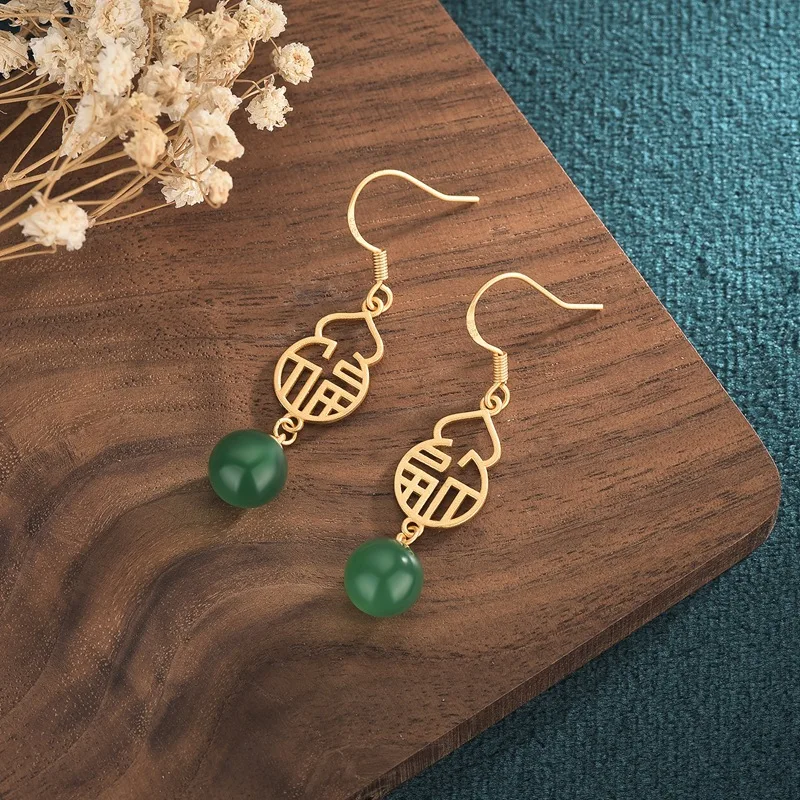 S925 Chalcedony Jade China-Chic Ancient Style Fulu Earrings Amulet Charm Jewelry Lucky Women Luxury Natural Talismans Charms