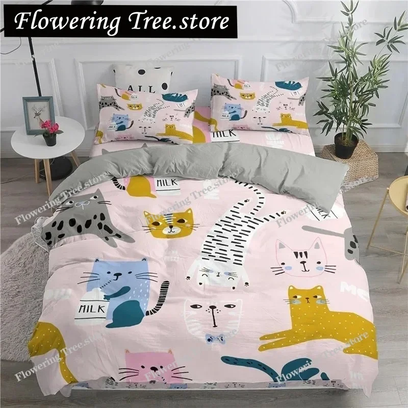Cartoon Cat Dogs Toddler Bedding Set For Boys Teens Cartoon Kittens Animals Microfiber 3D Duvet Cover Pillowcases Bedroom Decor