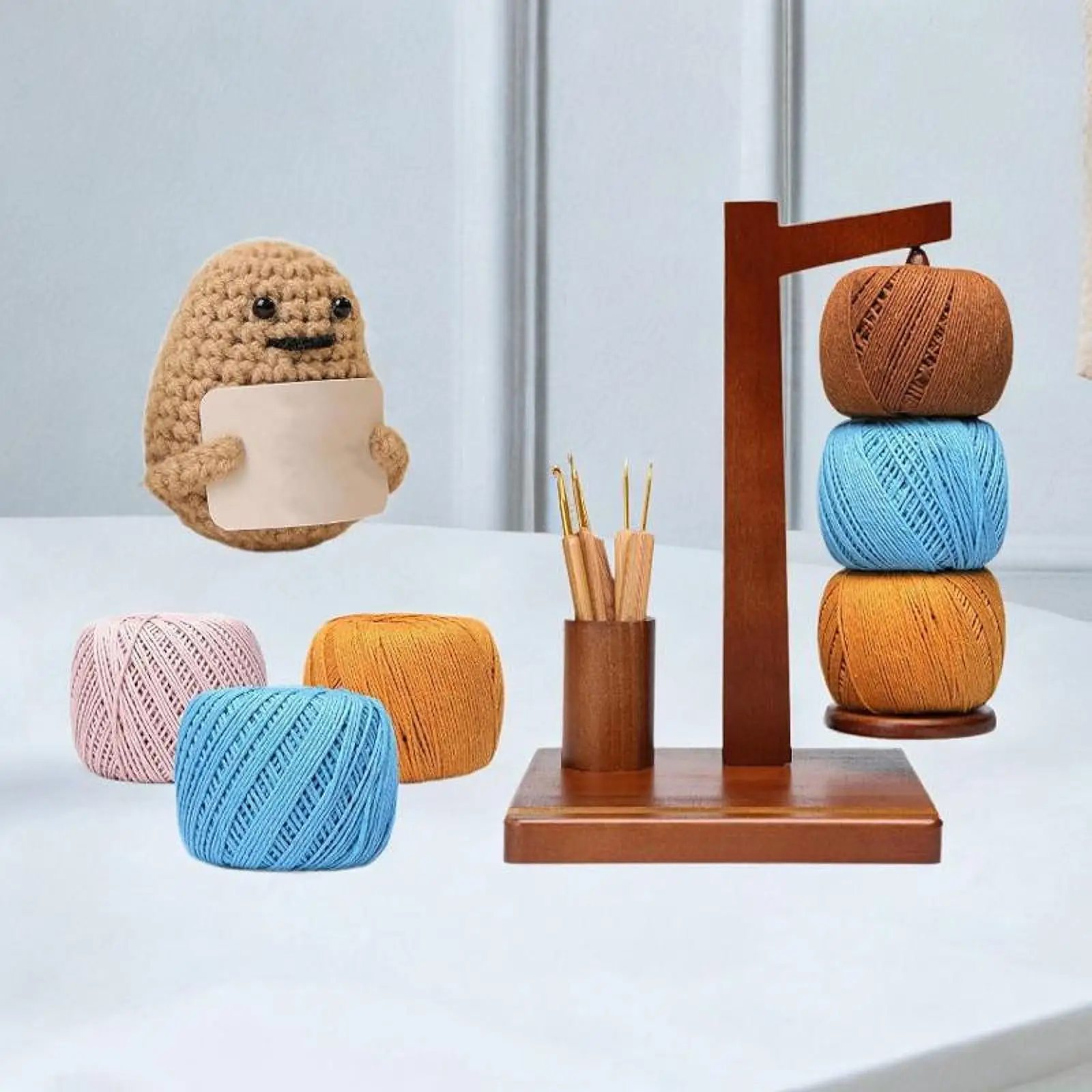 Crochet Yarn Holder for Crocheting and Knitting Yarn Storage Organizer Rotating with Crochet Hooks Organizer Wood Yarn Dispenser