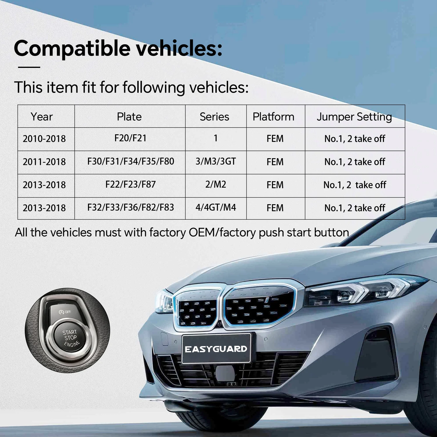 EASYGUARD Remote Starter Kit for BMW F30 F20 F32 3/4 SERIE with oem push button ONLY Plug and Play 3X trunk to Remote Start/stop