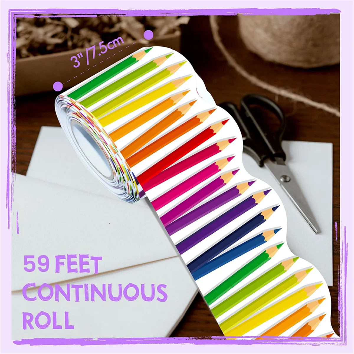 KEKA 1 Roll 59ft Self Adhesive Bulletin Board Borders Scalloped Border Trim with Pencil Patterns for Classroom Office Decor