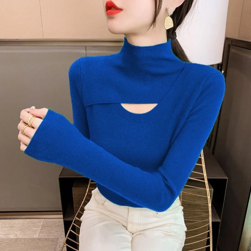 Blue Base Shirt Versatile 2023 Spring New Women's Warm Wear Fashionable Long Sleeved Top Thickened Half High Neck Knit