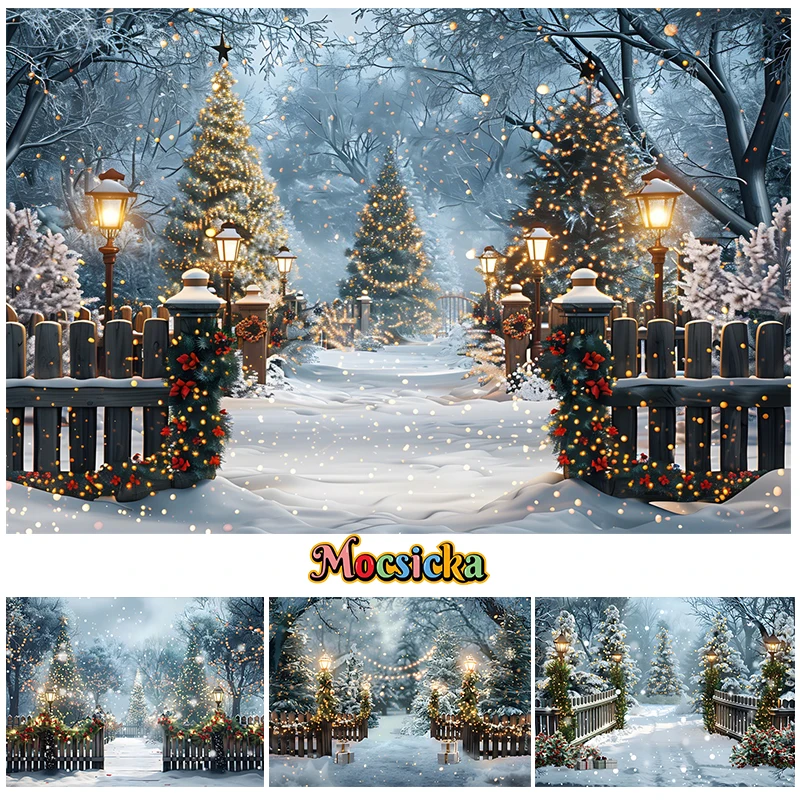 Mocsicka Winter Xmas Background For Holiday Party Child Adult Portrait Photography Christmas Tree Fence Street Lights Decoration