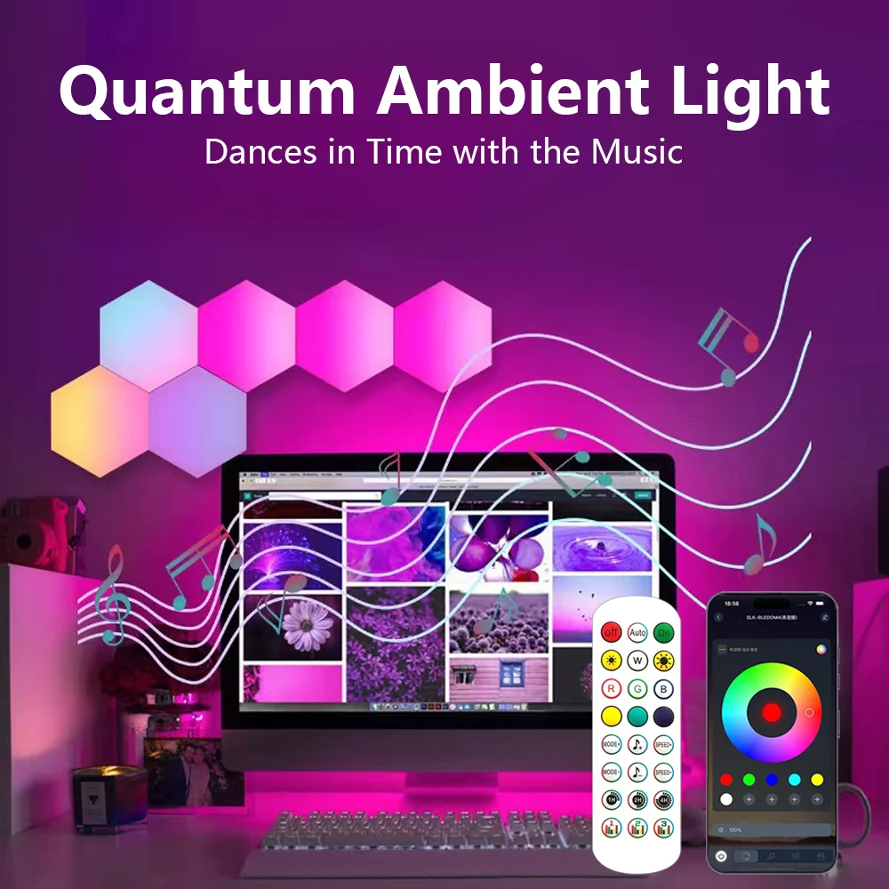 Hexagon Smart Modular Light Panel Gaming Room Ambient Quantum Light Backlight RGB Sound Reactive Rhythm Running Breathing Lamp