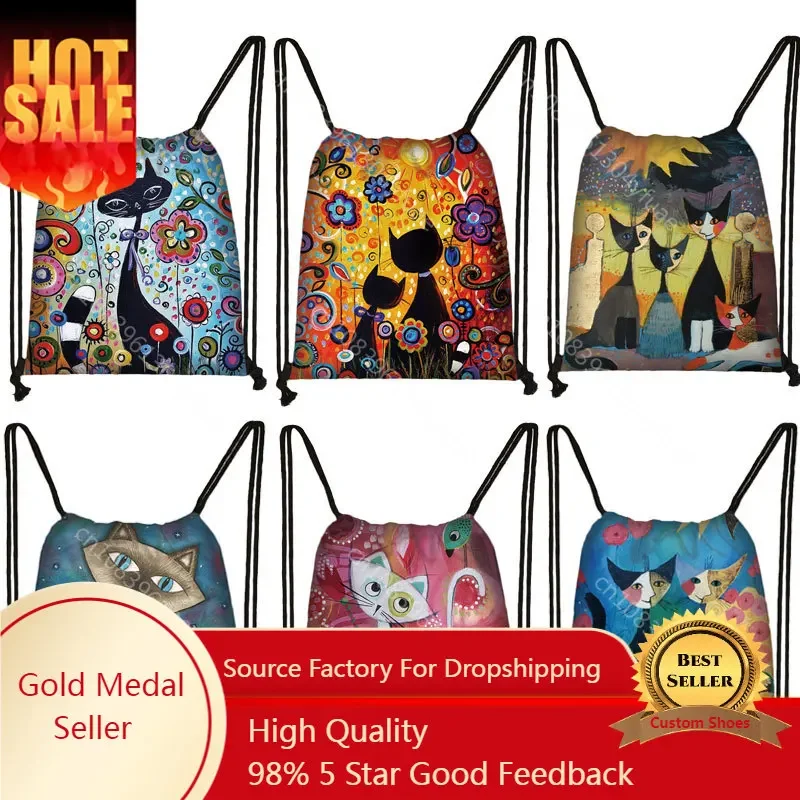 Lovely Animal Cat Pattern Women Drawstring Bag Cute Cartoon Cats Image Printed  Storage Bag Canvas Fashion Traveling Backpack