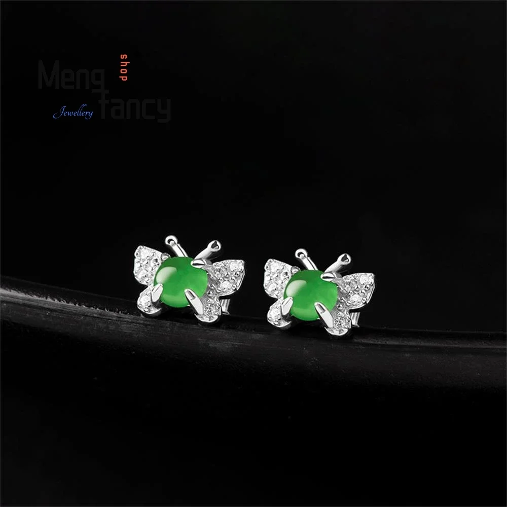 

S925 Silver Inlaid Natural A-goods Jadeite Positive Green Butterfly Ice Jade Earrings Elegant Exquisite Luxury Fashion Jewelry