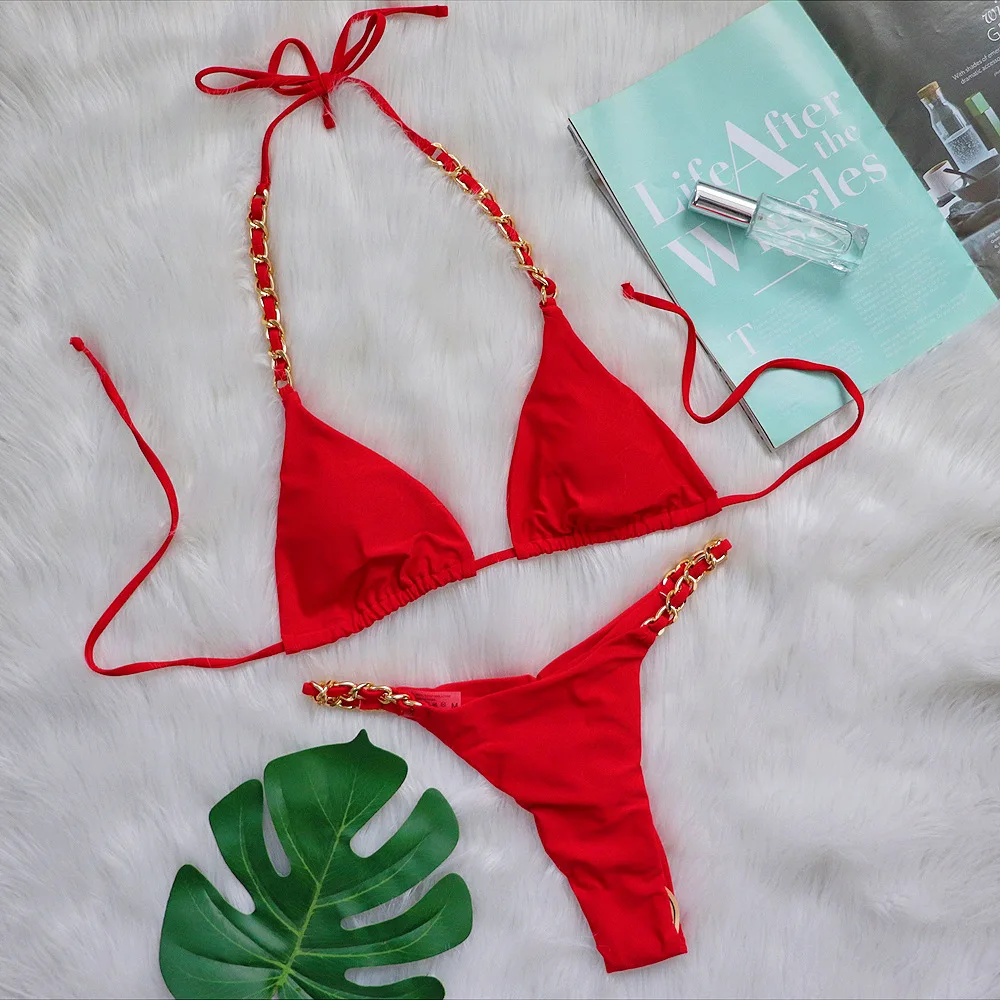 Sexy Red Triangle String Bikini Micro Thong Swimsuits Women 2024 Metal Chain Swimwear Bathing Suit Bikinis Sets Swimming Suit