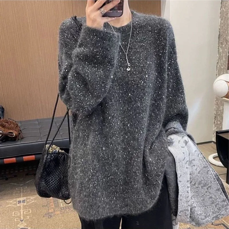 

Dark Gray Sequined Sweater For Women Autumn Winter Trend Loose Knitted Tops American Fashion High Street Christmas Pullover Top