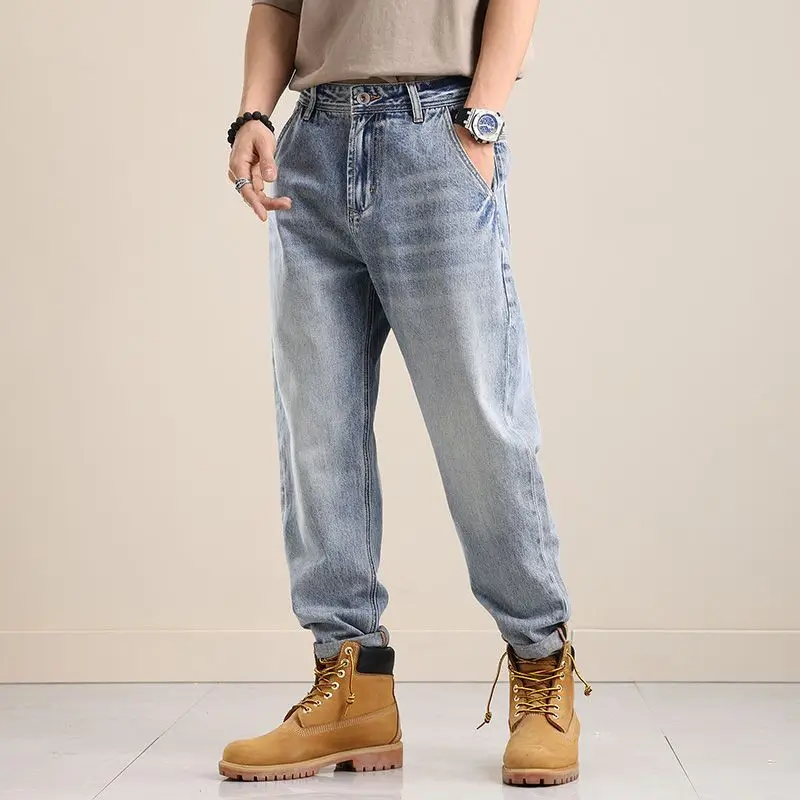 Jean en Denim à jambes droites et amples pour hommes, bleu clair, pantalon décontracté rétro américain avec insert incliné, automne hiver