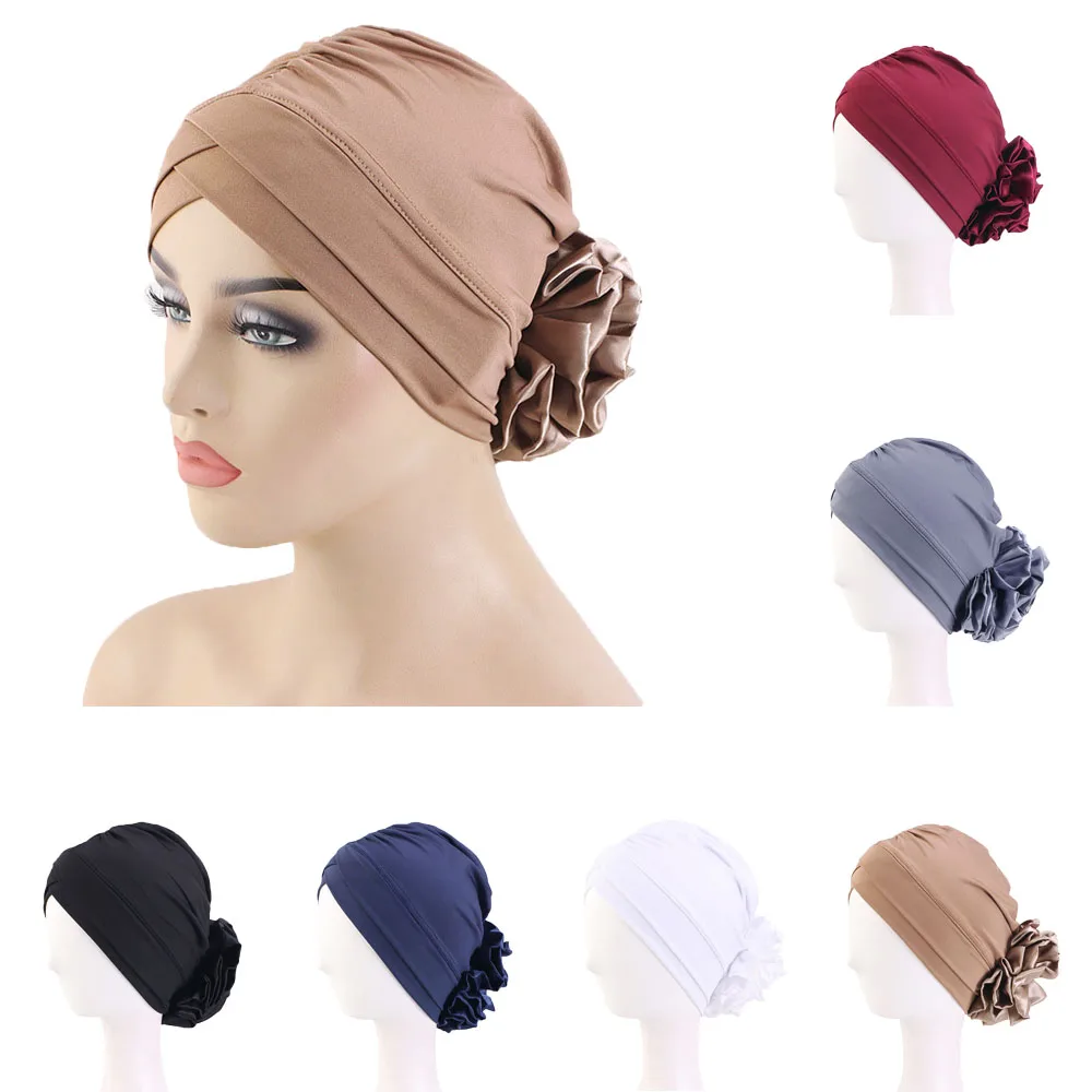 

Stretchy Satin Flower Turban Bonnet For Women Muslim Under Hijab Caps Solid Color Islamic Inner Hijabs Headwrap Chemo Cap