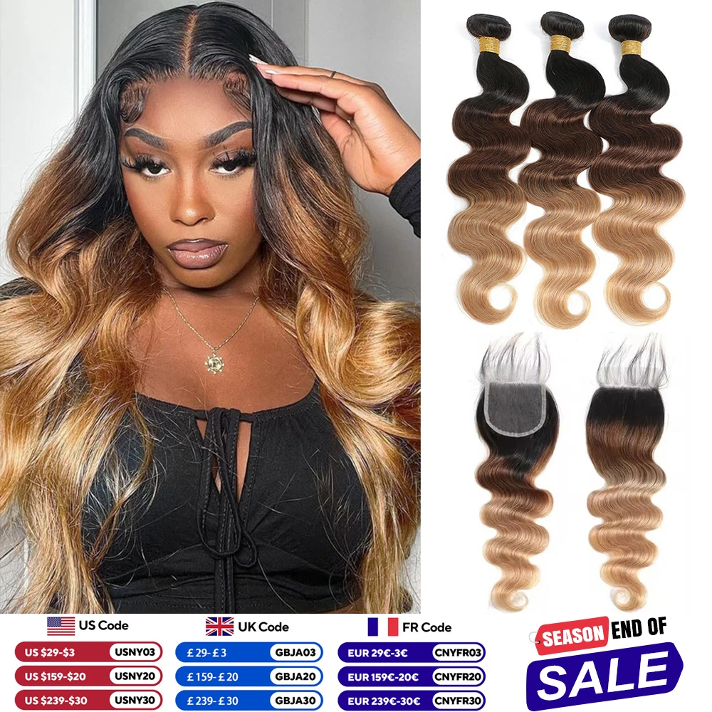 10A Ombre Color Body Wave Human Hair Bundles with closure T1b/4/27 Colored Bundles With Frontal Brazilian Hair Bundles Extension