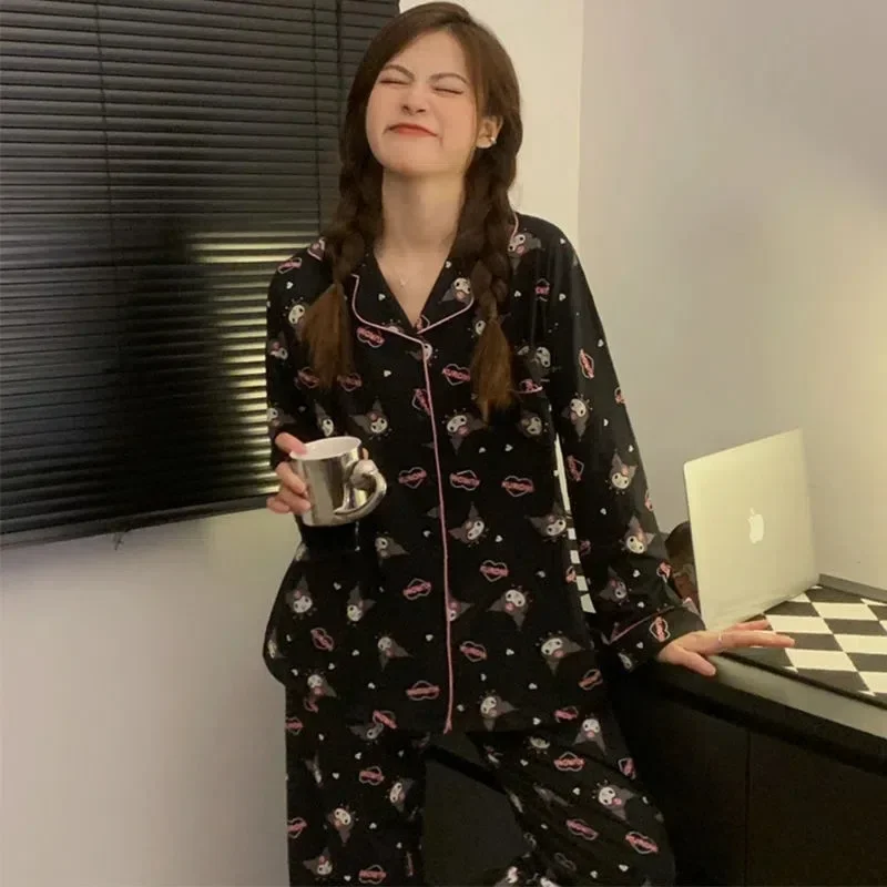

Women's Cartoon Long-sleeved Long Pants Lapel Cardigan Can Be Worn Outside Pajamas Homewear Black Bottom Sweet Pajamas Homewear