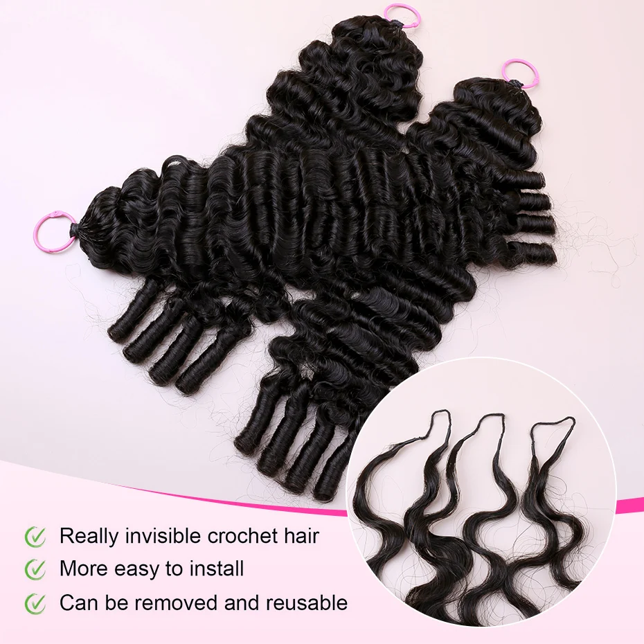 100% Human Hair Feather Crochet Pre Looped Invisible Miracle Knots Burmese Curly Hair Feathered Crochet Human Hair 1B Natural Colored Pre Braided Deep Wave Curly Hair Weave Bundles Remy Human Hair Extensions 18 20 22 24 Inch Free Shipping view 4
