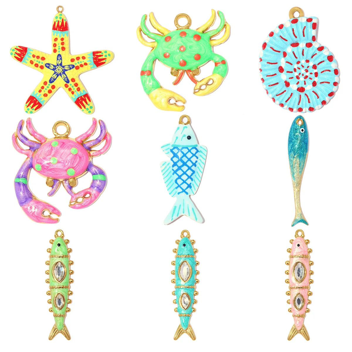 3 Stück/Set Edelstahl Regenbogen Emaille Krabben DIY Anhänger Strass Fisch Seestern Halskette Anhänger Damen Muschel Schmuck Großhandel