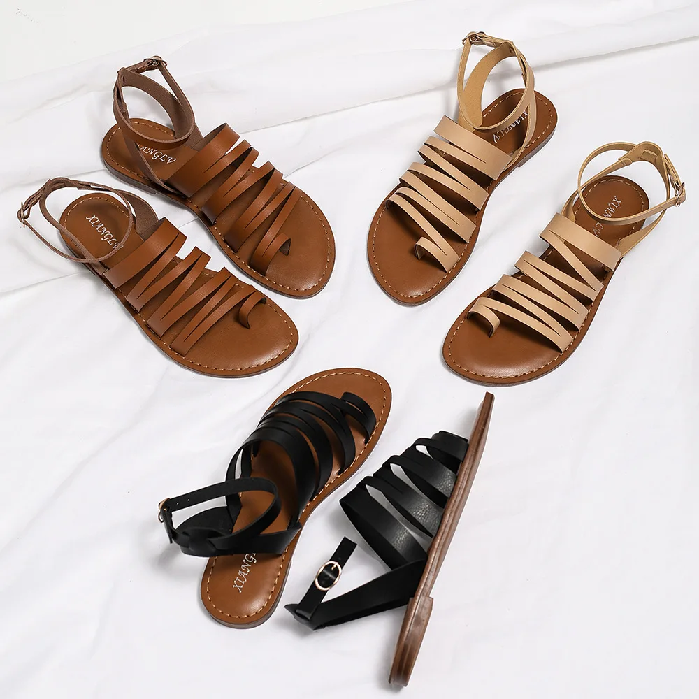 Beige Heeled Sandals Clear Shoes All-Match Large Size Ankle Strap 2024 Women's Black Gladiator Big Flat New Comfort Summer Low G