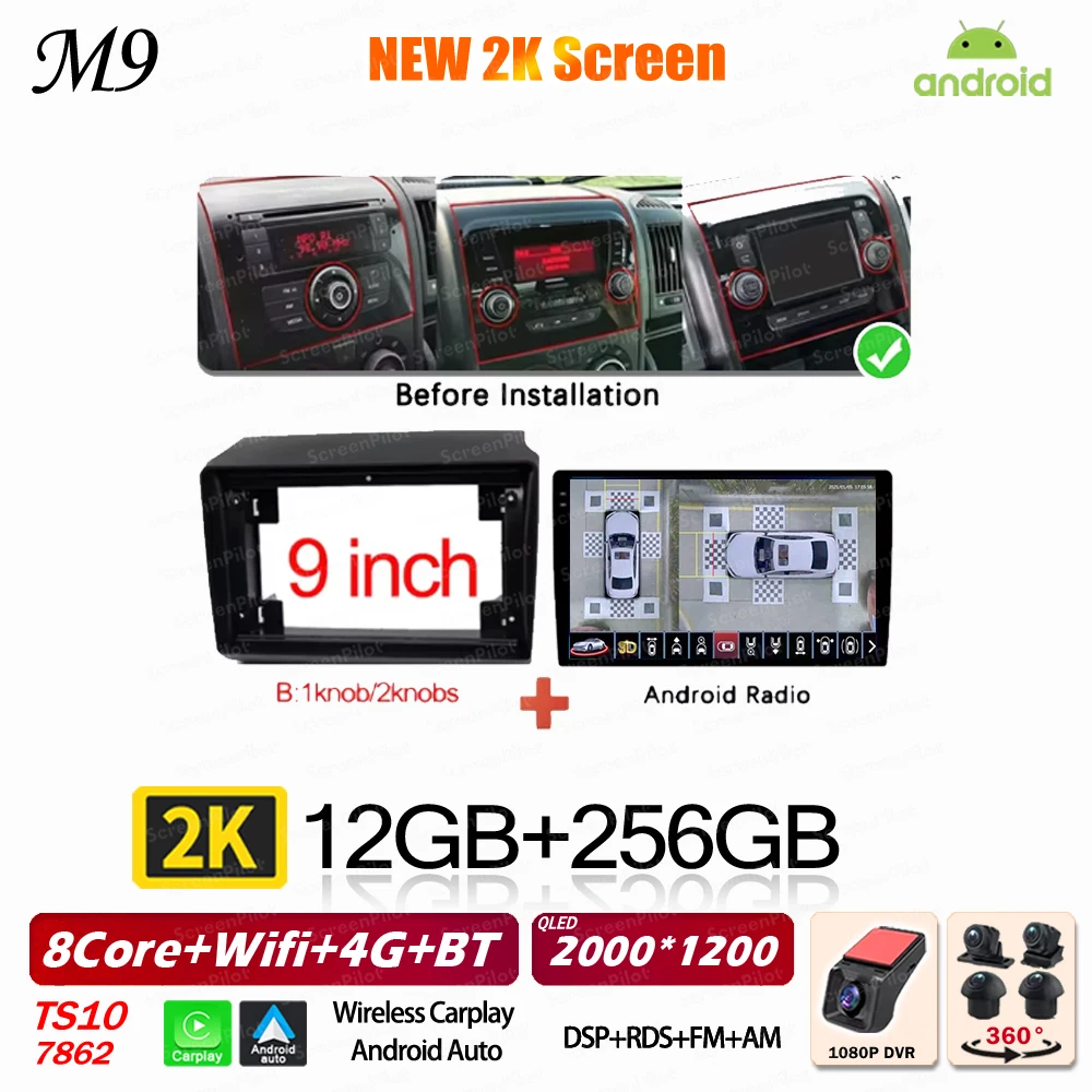 Android 16 voor Fiat Ducato Peugeot Boxer Citroen Jumper 2 2006-2022 Carplay Android Auto 2K QLED Wifi GPS autoradio multimediasysteem 5G