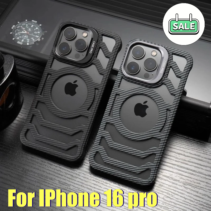 

For IPhone 16 pro Mobile Phone Case with Lens Holder Kevlar Carbon Fiber Pattern Protective Cover