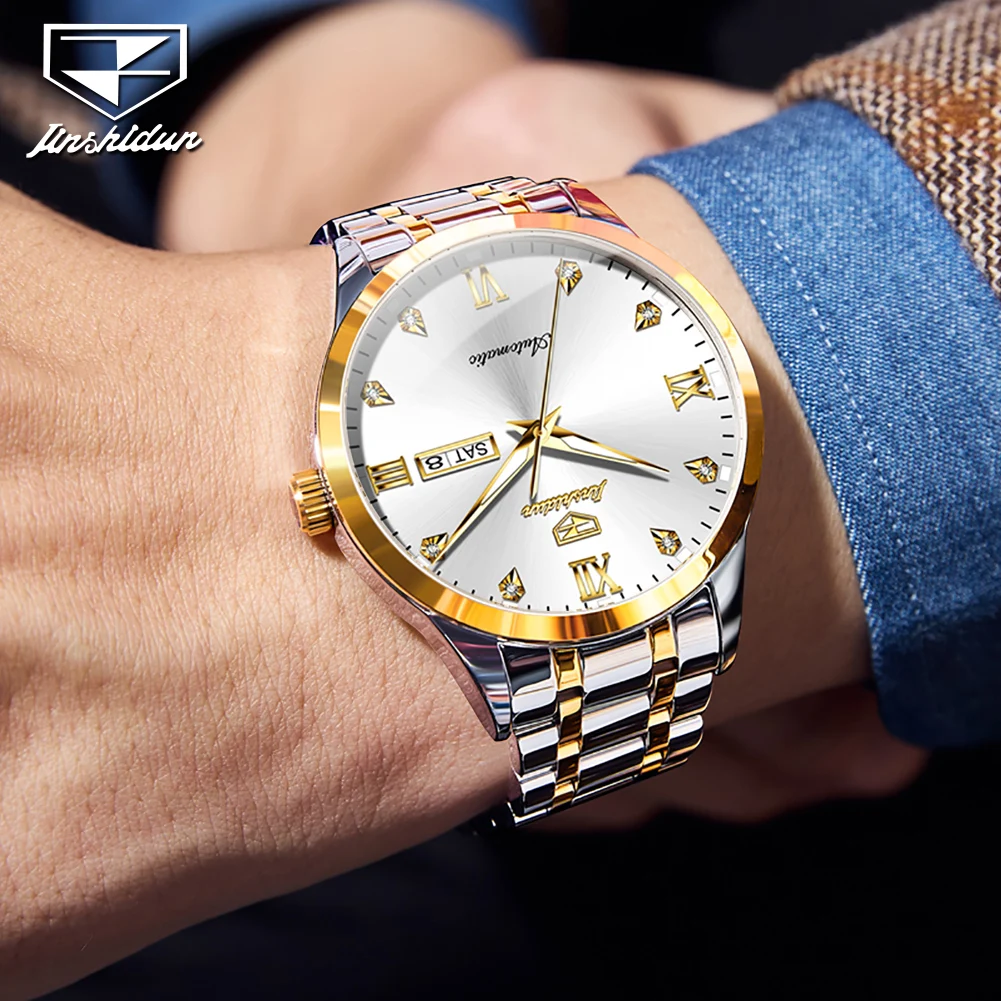 JSUDN 8980 ساعة أصلية فاخرة للرجال أوتوماتيكية بالكامل تقويم مزدوج الماس مقياس روماني مقاوم للماء ساعة ميكانيكية للرجال