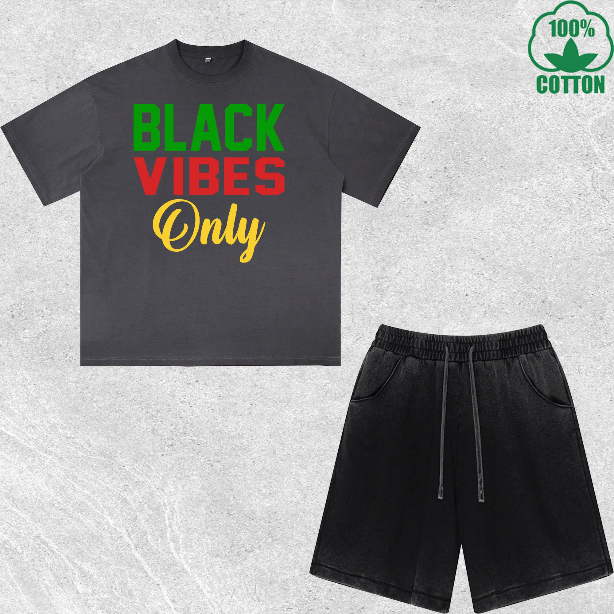 Balck Vibes Printed Dirty Wash T-Shirt Shorts Set Combo Loose Trendy Fashionable 100%Cotton Short Value Pack