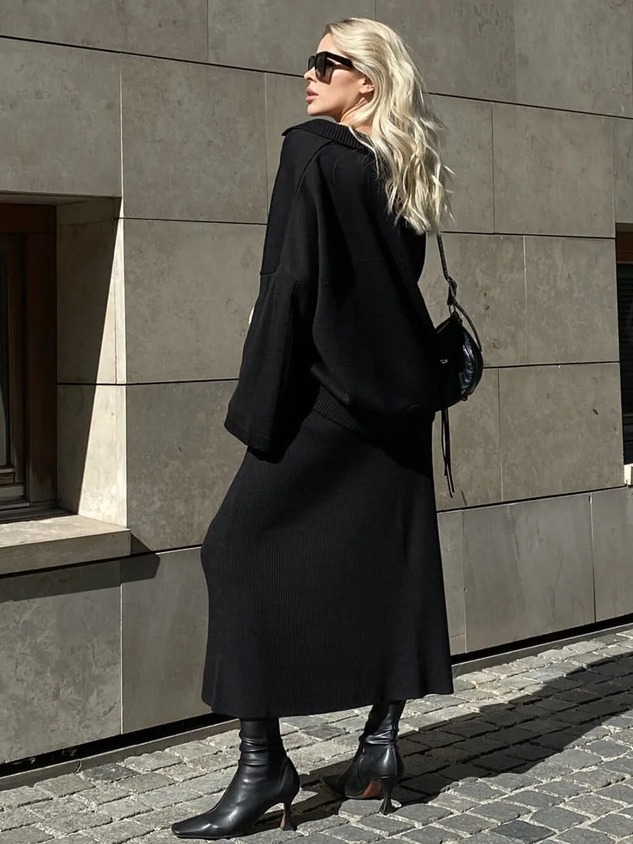 Solid Knitted Skirts Sets Women Long Sleeve Draped Shoulder Loose Sweaters+Long Skirt Outfits Autumn Elegant Fashion 2 Piece Set