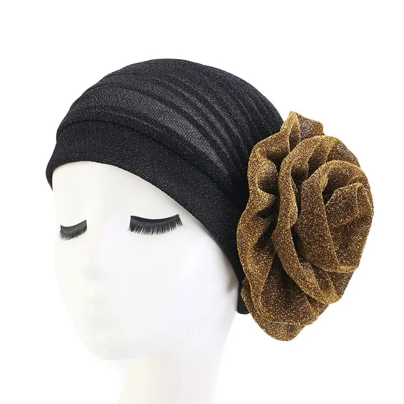 ผู้หญิง Hijabs Elegant SHINY Turban ดอกไม้ใหญ่ Headscarf หมวก Headwrap มุสลิม Hijab Chemo หมวก Bonnet Beanies Shimmer Headwear ใหม่