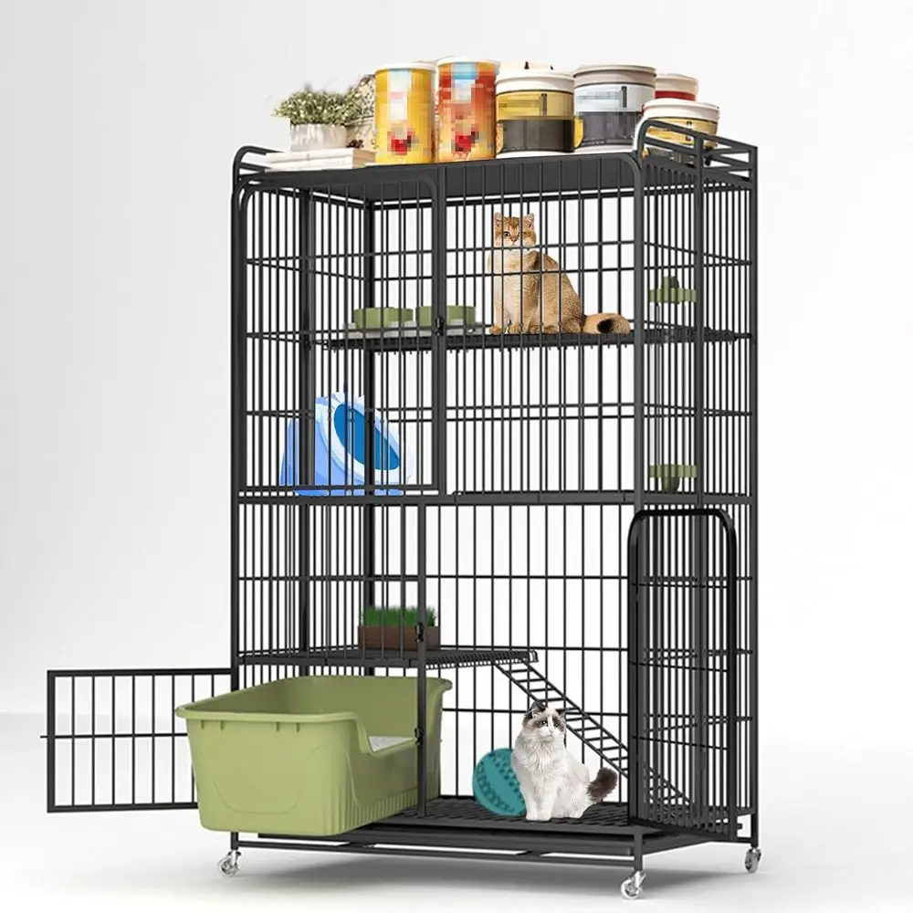 

4-Tier Rotating Caster Metal Cat Cage, Indoor/Outdoor Playpen for Adult Cats and Kittens (Black, Without Litter Box)