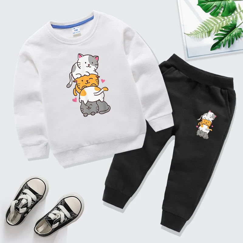 Cat Pile Cartoon Print Long Sleeve Tracksuits Sets Spring Autumn Funny Anime Kitten Boys Girls Clothes Sweatshirt+Sweatpants Set