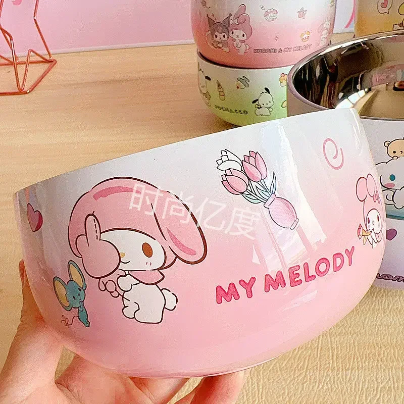 

Hello Kitty Cinnamoroll Anime Kuromi MINISO Kawaii Round Bowl Children Cute Cartoon Insulated Bowl Household Gifts for Kids