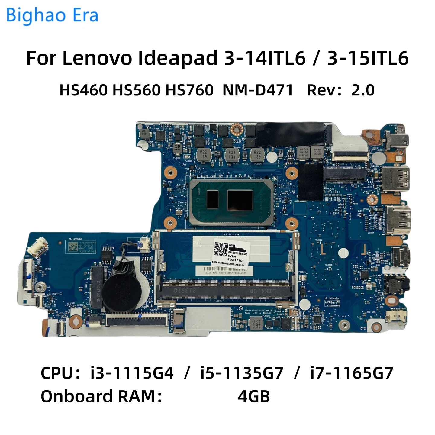 NM-D471 для Lenovo Ideapad 3-14ITL6 3-15ITL6, материнская плата для ноутбука с планшетом с искусственным процессором, 4GB-RAM, Fru:5B21B85082