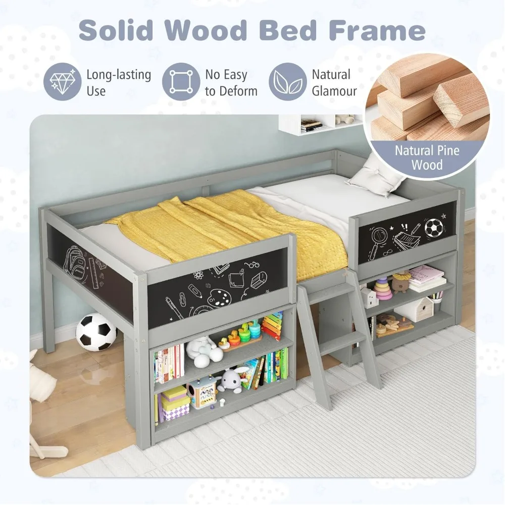 Letto a soppalco basso Giantex Twin Size, letto a soppalco in legno con scala e lavagna, struttura letto doppia per bambini con contenitore 2 librerie e