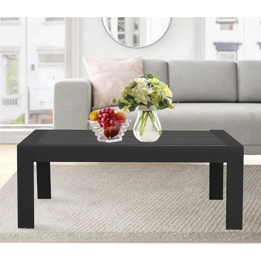 All-Weather Aluminum Outdoor Coffee Table, Modern Coffee Table for Outside, Rectangle Patio Coffee Table for Balcony Garden, Bla