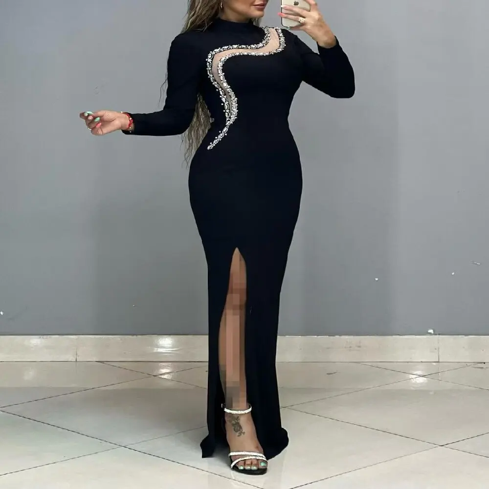 Bandage Dress For Women Black Elegant Long Sleeve Autumn/Winter Sexy Gauze Splicing Diamond Embelling Slit Evening Party Gown