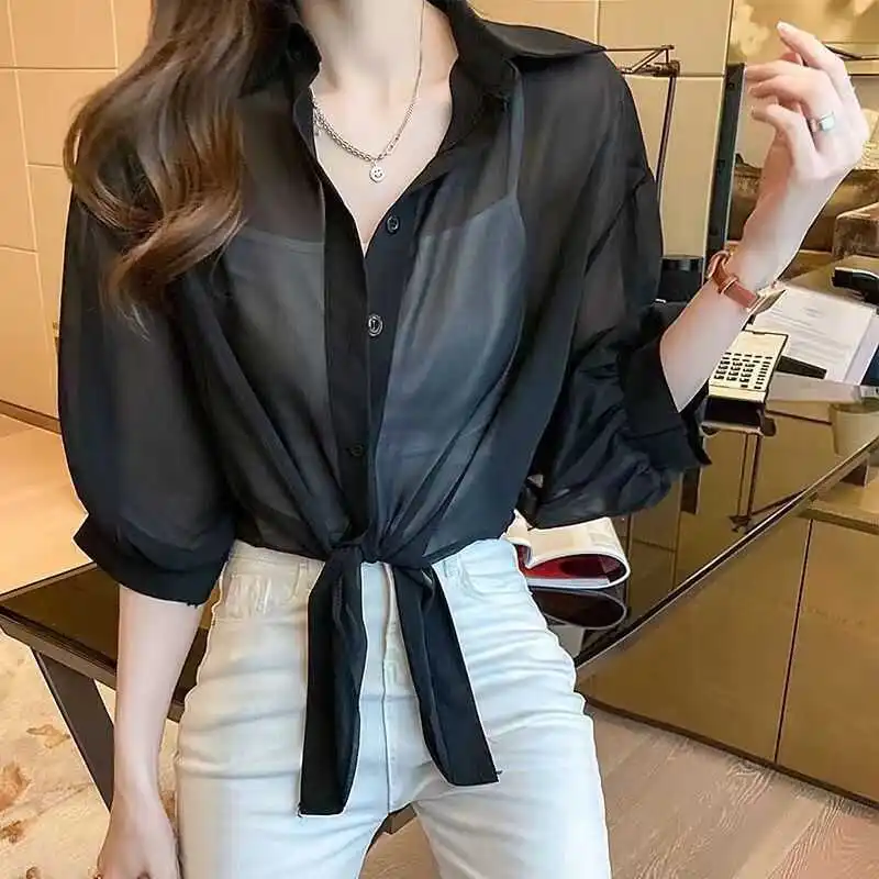 

Women's Summer New Faion Loose Svel irt Chiffon Thin Outerwear oulder Pad irt Collar Pure Color Casual Fit