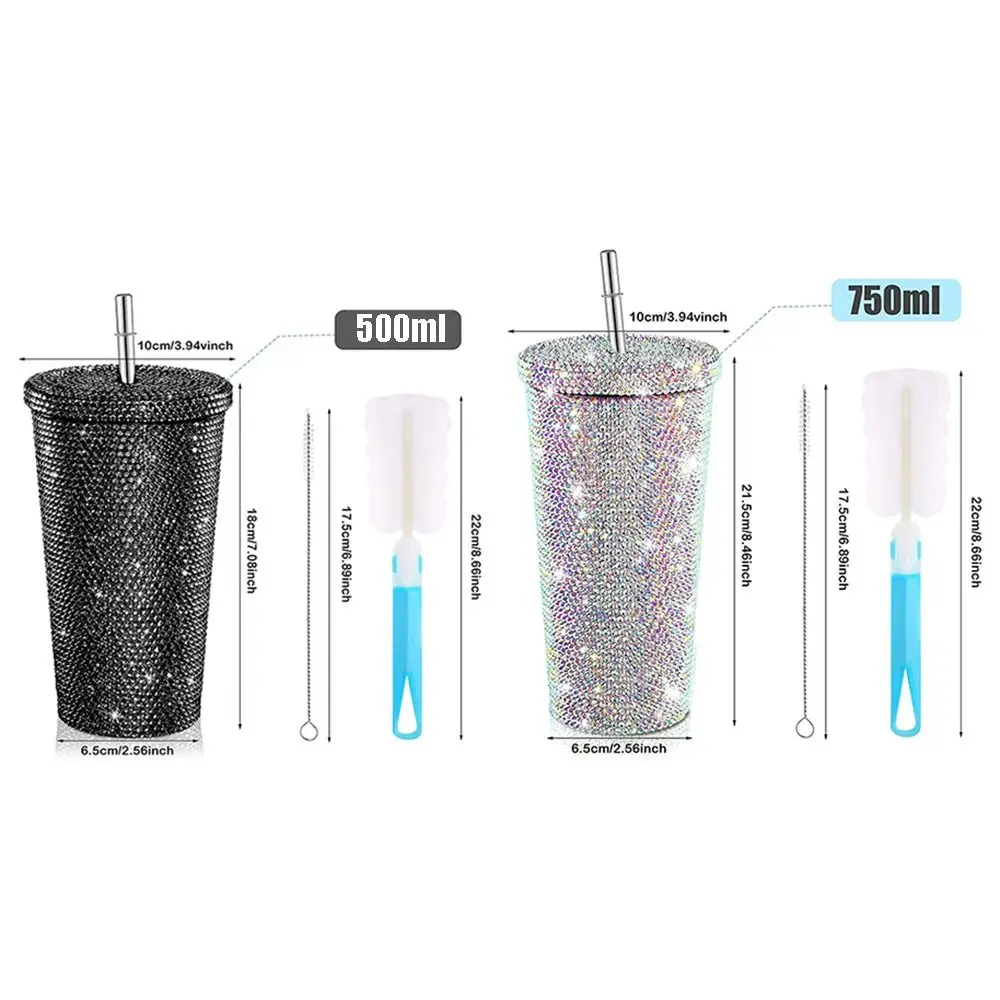 500ml/750ml Rhinestone Thermos Bottles Double Layer Insulated Vacuum Flasks Creative Reusable Stainless Steel Water Bottle